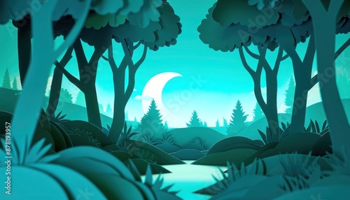 Teal paper silhouette of a tranquil forest scene, capturing the serenity and mystery of the woods.