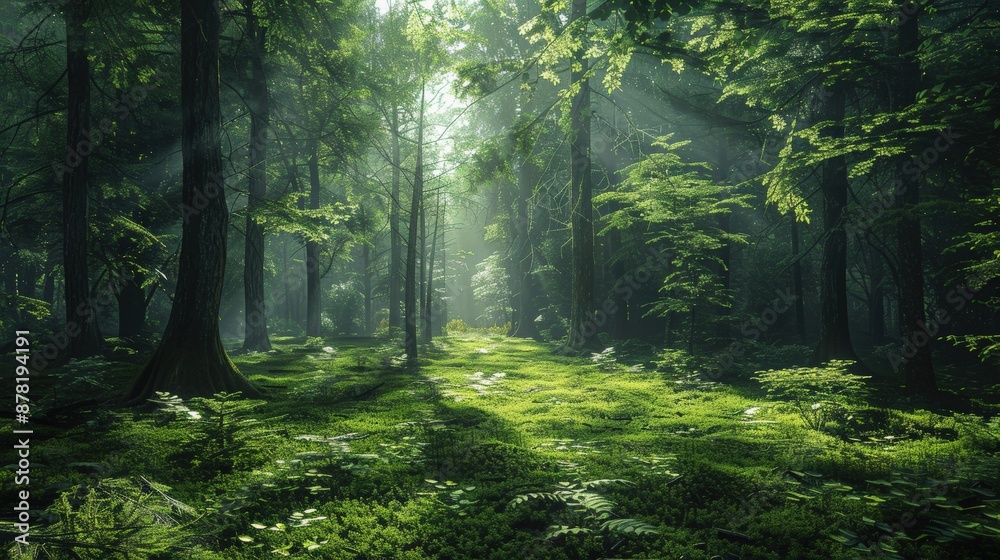 Fototapeta premium Sunlight shining through misty forest trees on lush green moss