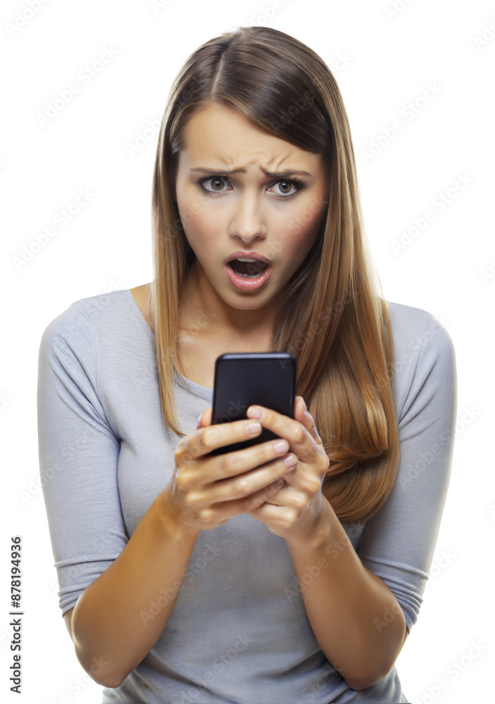 Woman reacts to shocking text message on smartphone, cut out - stock png. Woman reacts to shocking text message on smartphone, cut out - stock png.
