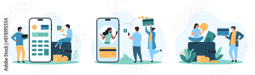 Online payment management set. Tiny people receive direct payments in banking mobile app, hold credit card and wallet full of cash money, calculate tax or mortgage cost cartoon vector illustration