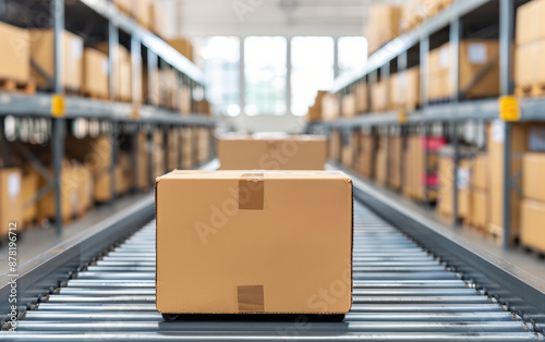 Wallpaper Mural Cardboard boxes on a conveyor belt in a warehouse, representing logistics, shipping, and storage solutions in a modern distribution center. Torontodigital.ca