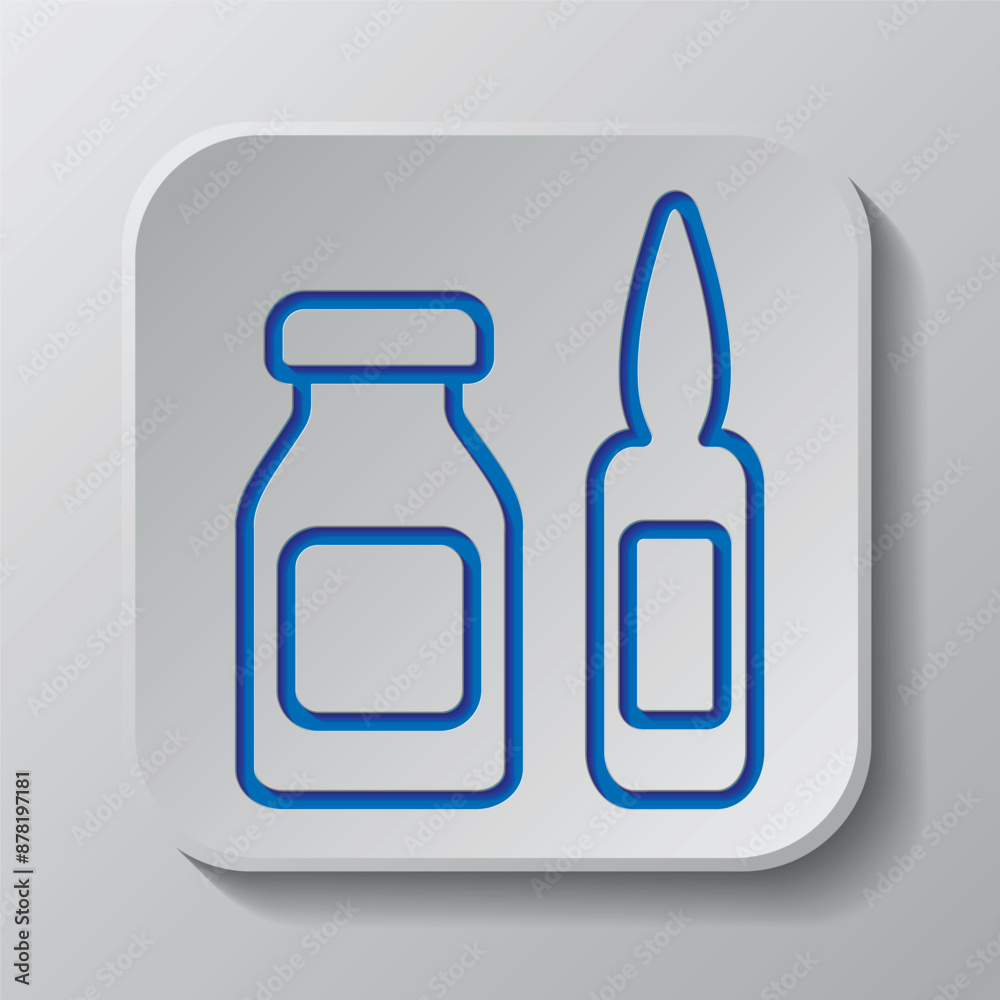 Ampoule simple icon vector. Flat design. Paper cut design. Cutted blue symbol with shadow. Gray badge button, gray background Ampoule simple icon vector. Flat design. Paper cut design. Cutted blue symbol with shadow. Gray badge button, gray background