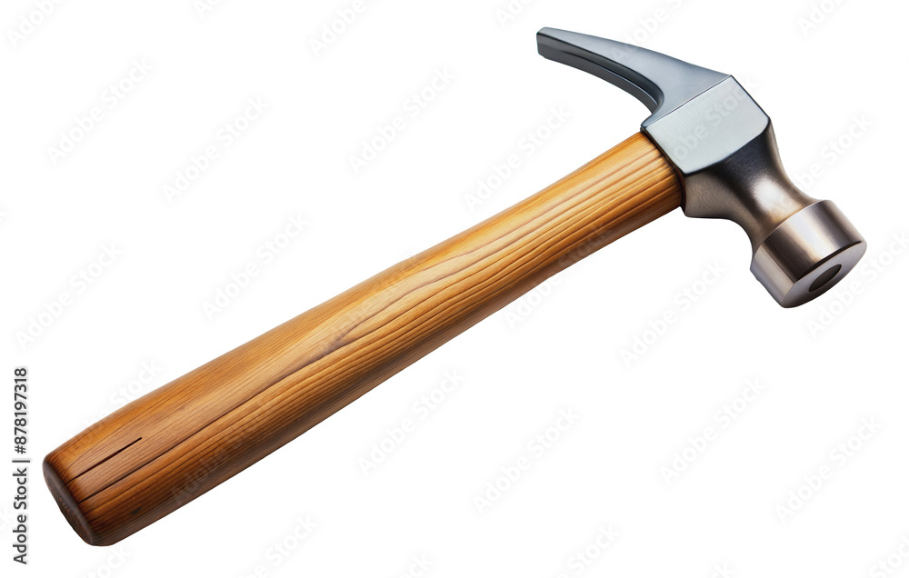 A wooden-handled hammer with a curved claw and rounded head, cut out - stock png. A wooden-handled hammer with a curved claw and rounded head, cut out - stock png.