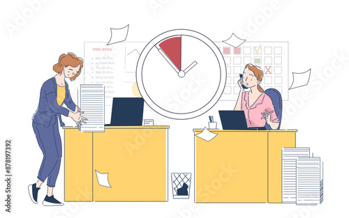 Overload at workplace. Women in office with lot of paperwork. Organization of inefficient work process and poor time management. Mental stress and emotional burnout. Linear vector illustration