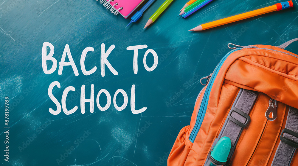 Back to school background with backpack and office supplies. School set, student accessories. Text on background. Back to school background with backpack and office supplies. School set, student accessories. Text on background.