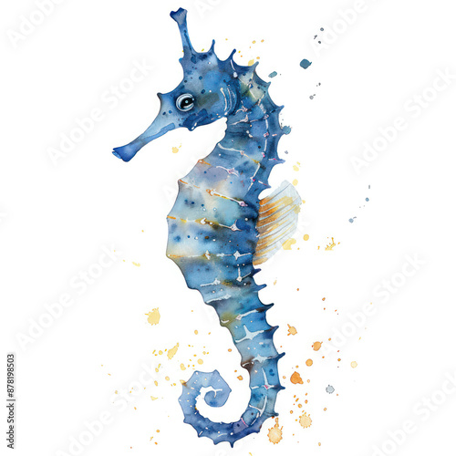 Seahorse watercolor illustration isolated on transparent. Sea png file for art work. 