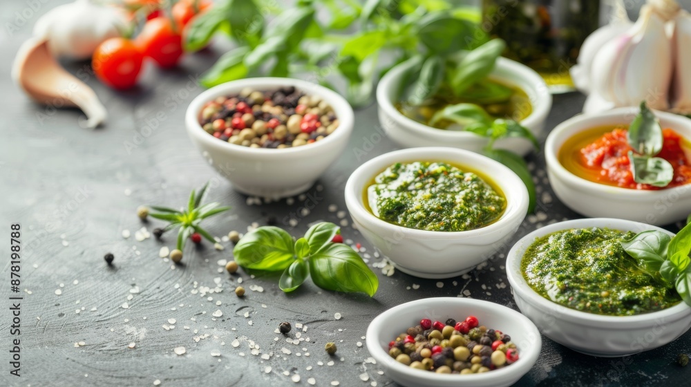 Various sauces and condiments in white bowls on a rustic table Various sauces and condiments in white bowls on a rustic table