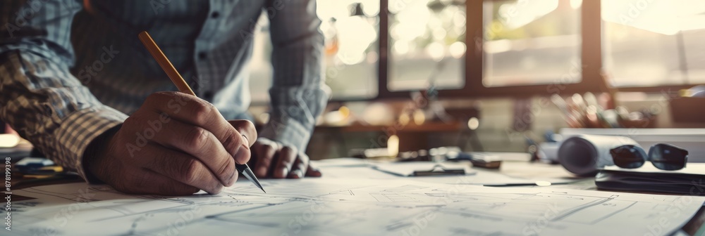 Fototapeta premium Engineer drawing on architectural plans with a pencil in a well-lit workspace. Symbolizes construction, planning, and detailed project design.