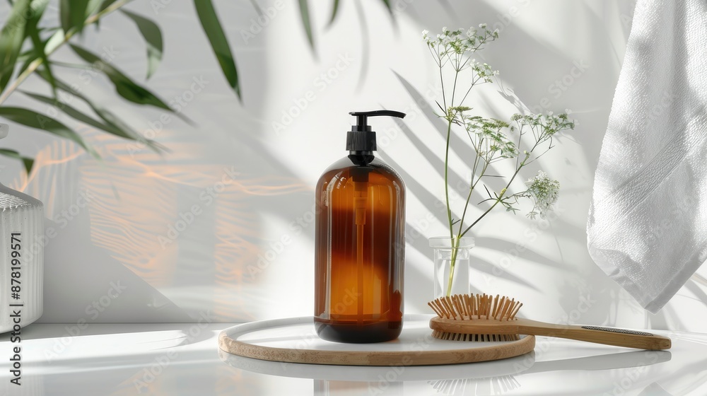 Fototapeta premium Unlabeled amber bottle with pump hair care mockup on white background with tray flowers brush and towel Design space bathroom theme