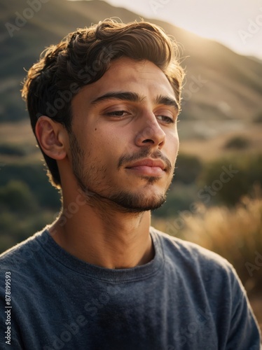 thoughtful man praying and dreaming in nature, religious and spiritual concept of belief and hope 
