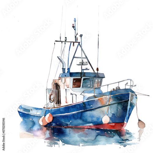 Fishing boat watercolor illustration isolated on transparent. Sea png file for art work.
 photo