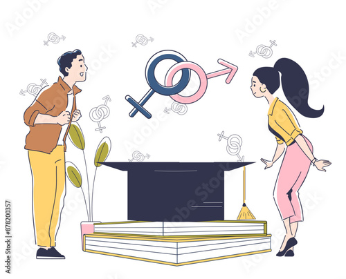 Sex education concept. Man and woman stand near large gender signs, stack of textbooks and graduation cap. Fertility and gynecology. Information about contraception. Linear vector illustration