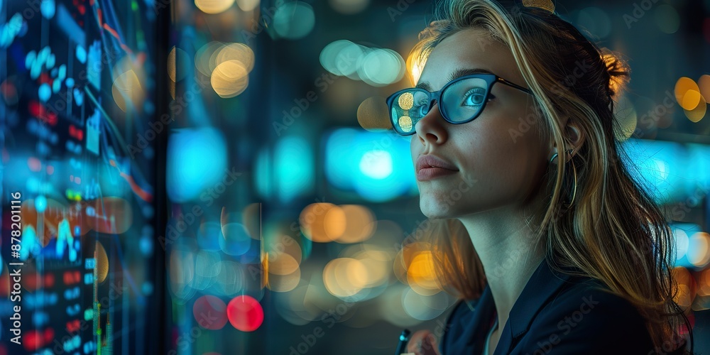 Focused Woman Analyzing Financial Data on Screen Focused Woman Analyzing Financial Data on Screen