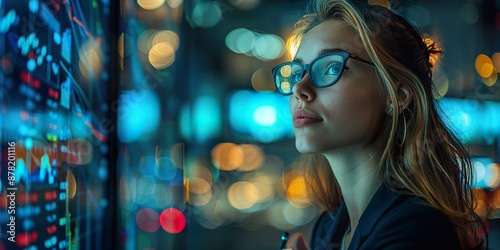 Focused Woman Analyzing Financial Data on Screen