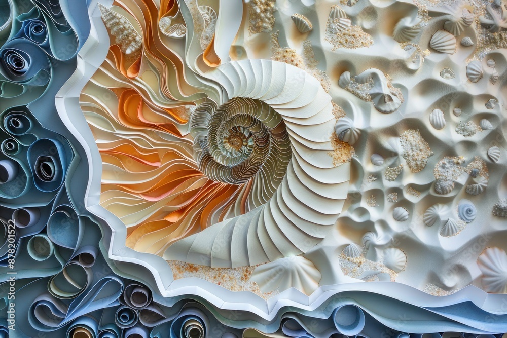 Obraz premium Periwinkle paper mosaic of an intricate seashell, reflecting the beauty and complexity of marine life.