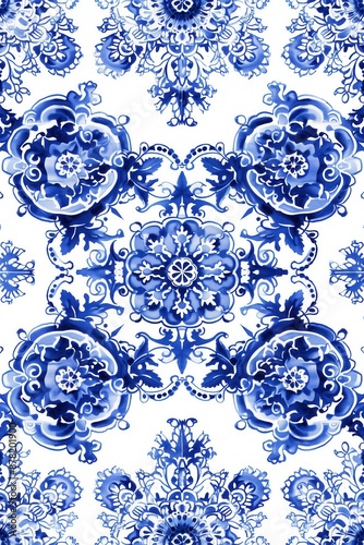 Blue and white ornamental pattern with intricate details, creating a classic and elegant design suitable for decor and artistic projects.