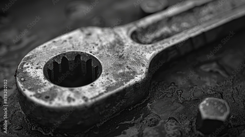 A close-up view of an old, worn, and rusty wrench on a greasy, dirty surface with scattered nuts, bolts, and screws, reflecting years of hard use in an industrial setting A close-up view of an old, worn, and rusty wrench on a greasy, dirty surface with scattered nuts, bolts, and screws, reflecting years of hard use in an industrial setting