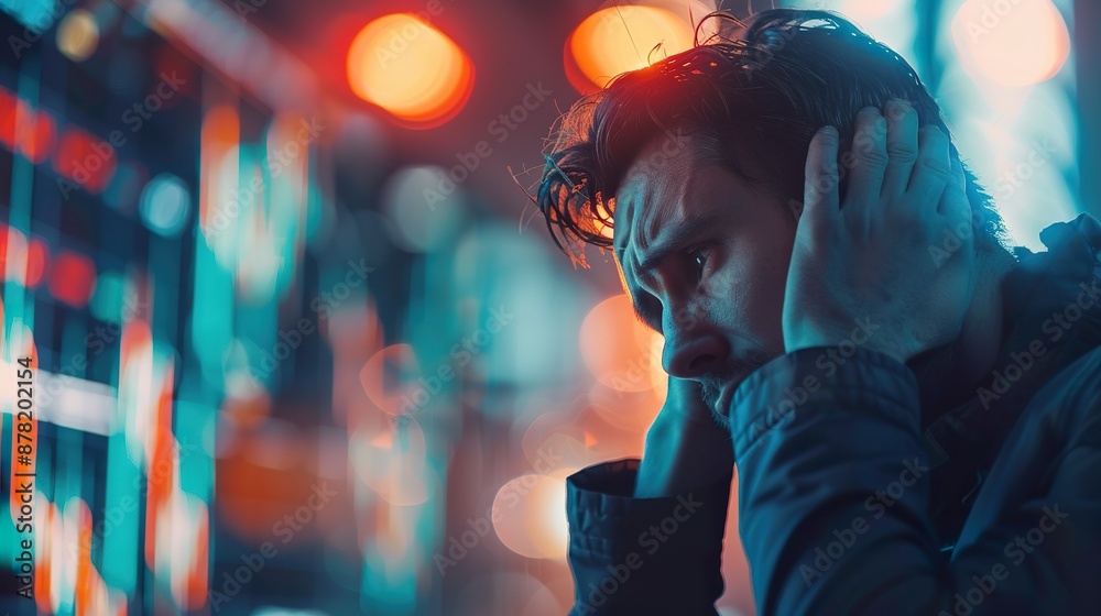Stressed Man Analyzing Financial Data on Digital Screen