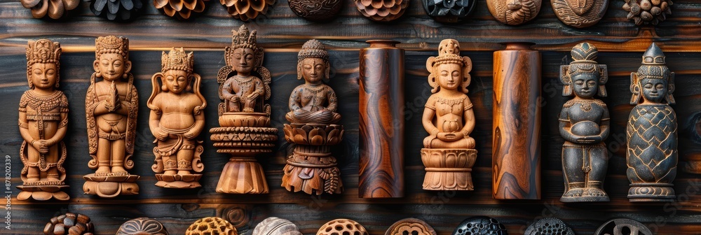 Fototapeta premium A collection of intricately carved wooden Buddha statues and decorative wooden pieces displayed on a rustic wooden surface, showcasing the craftsmanship and spiritual significance