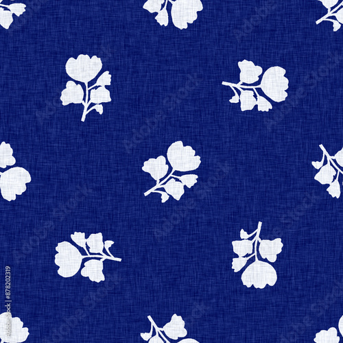 Indigo denim blue leaf motif seamless pattern. Japanese dye batik fabric style effect print background swatch. 