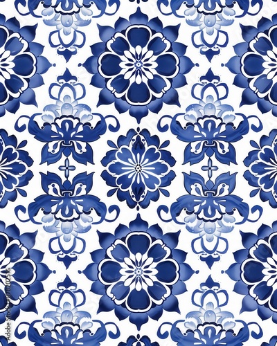 Blue and white ornamental pattern with intricate details, creating a classic and elegant design suitable for decor and artistic projects.