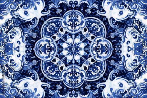 Blue and white ornamental pattern with intricate details, creating a classic and elegant design suitable for decor and artistic projects.
