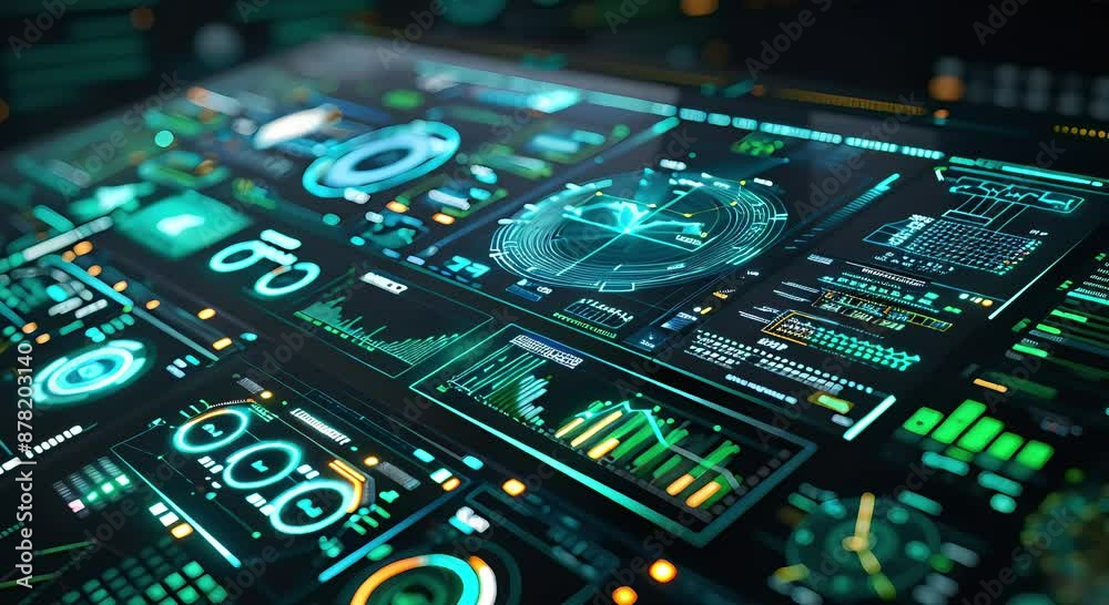 Advanced futuristic digital interface with holographic screens and interactive touch panels
