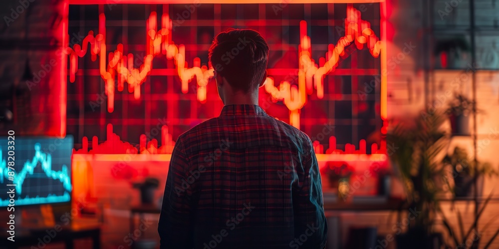 Businessman Observing Stock Market Crash on Red Display