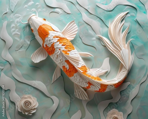 Mint paper art of a koi fish swimming upstream, symbolizing perseverance and beautyculture. photo