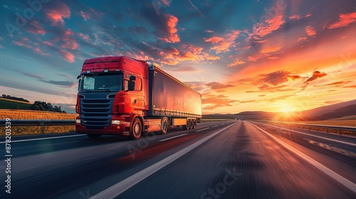 A red truck driving on a highway during sunset with a dramatic sky and scenic landscape in the background. © Sunshine