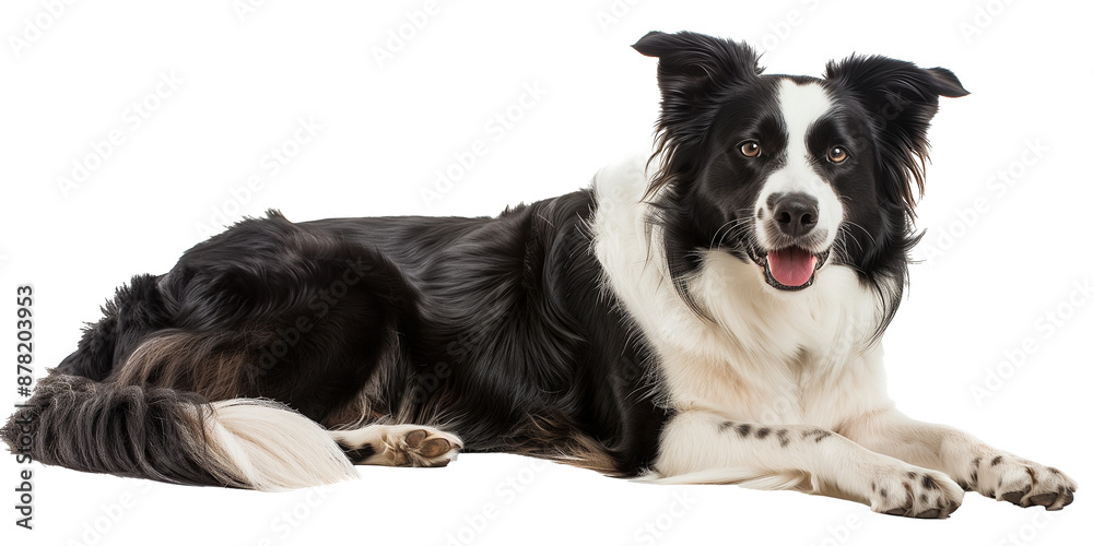 Border Collie dog, lying down and looking at the camera with a happy expression. Border Collie dog, lying down and looking at the camera with a happy expression.
