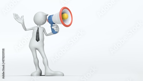 3d stickman is giving information using a megaphone on a white background
