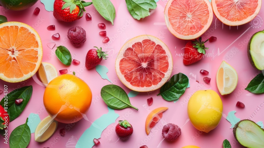 Assorted citrus fruits and berries on a pink background Assorted citrus fruits and berries on a pink background