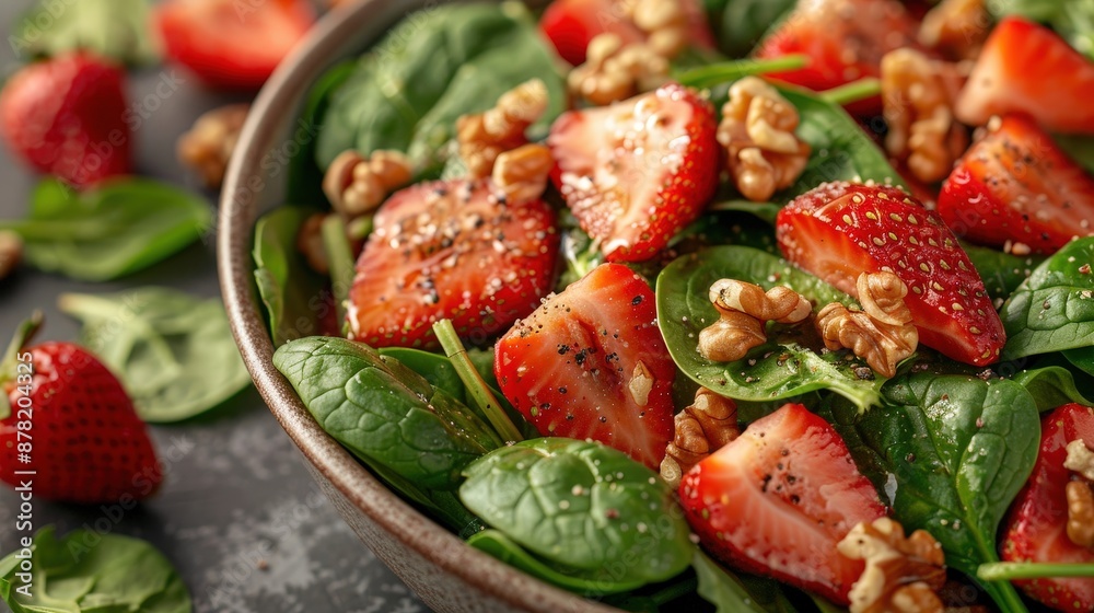 A vibrant and healthy spinach and strawberry salad topped with crunchy walnuts and poppy seed dressing, served in a rustic bowl.