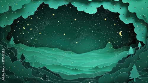 Mint green paper cutout of a starry night sky, portraying the vastness and mystery of the cosmos.