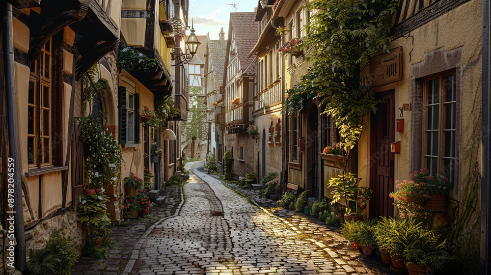 Fototapeta premium Enchanting Old Town Alleyway with Historic Cobblestone Homes