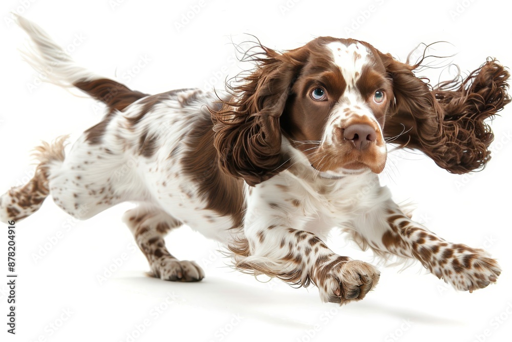 A young English Springer Spaniel with brown and white fur is captured mid-stride against a white background, exuding energy and grace with its tail held high, symbolizing freedom and vitality A young English Springer Spaniel with brown and white fur is captured mid-stride against a white background, exuding energy and grace with its tail held high, symbolizing freedom and vitality