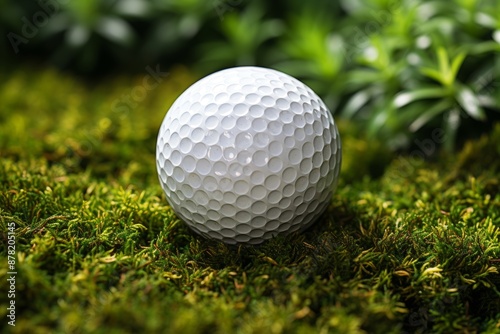 A pristine white golf ball rests gently on the vibrant green moss of the golf course. The ball is sharply in focus against a soft, blurred background, creating a serene and natural scene