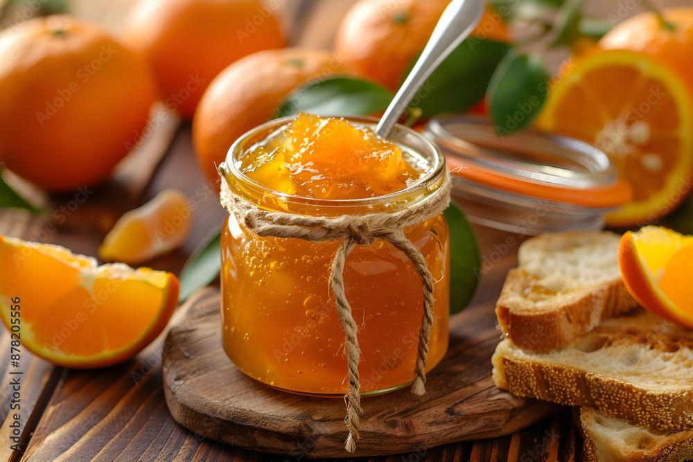 A jar of homemade orange marmalade with a spoon, surrounded by fresh oranges and slices of bread A jar of homemade orange marmalade with a spoon, surrounded by fresh oranges and slices of bread