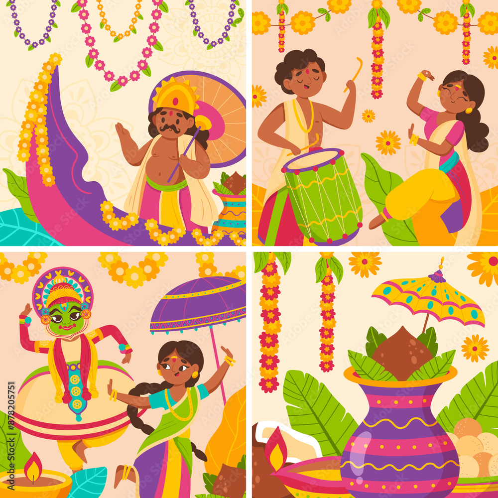 Fototapeta premium Hand drawn flat happy onam illustration set