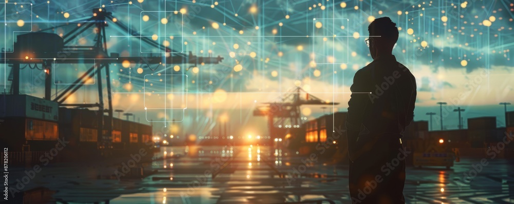 Fototapeta premium Silhouette of a man standing in a city with a starry sky.