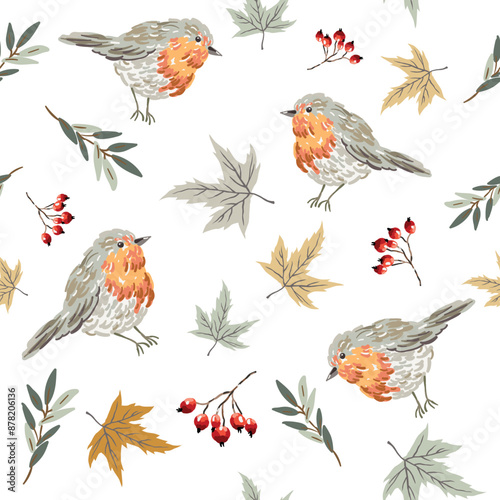 Autumn maple leaves, red berries, robin birds, white background. Vector seamless pattern. Fall season illustration. Nature design