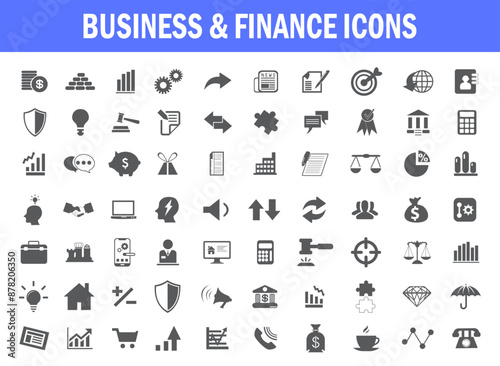 Finance and business grey icons collection. Big UI icon set in a flat design. simple icons.