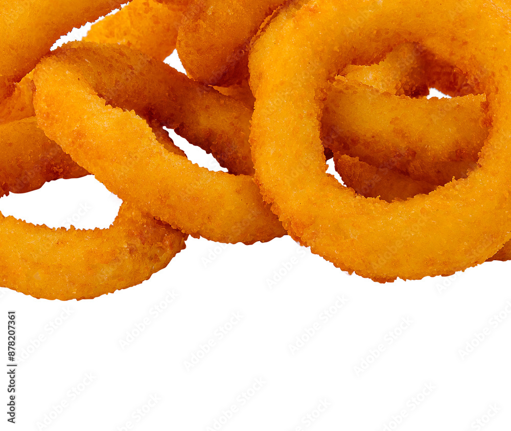 Crispy golden onion rings on white background Crispy golden onion rings on white background