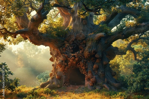 An ancient oak tree providing a home for woodland creatures.