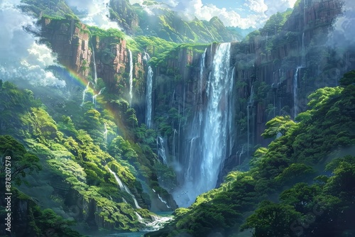 A majestic waterfall with a rainbow created by sunlight and mist.