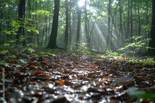 Sunlight filtering through leaves in a tranquil forest.