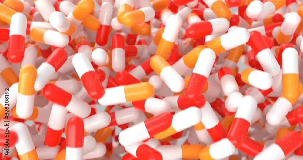 The flight of a macro camera over red-white and orange-white pills, cyclic video with medicines, poured pills, 3d rendering The flight of a macro camera over red-white and orange-white pills, cyclic video with medicines, poured pills, 3d rendering