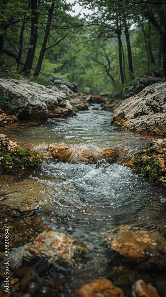 Naklejka premium A serene and tranquil forest creek flowing gently over moss-covered rocks, surrounded by dense green foliage, providing a perfect natural sanctuary away from the hustle and bustle of daily life