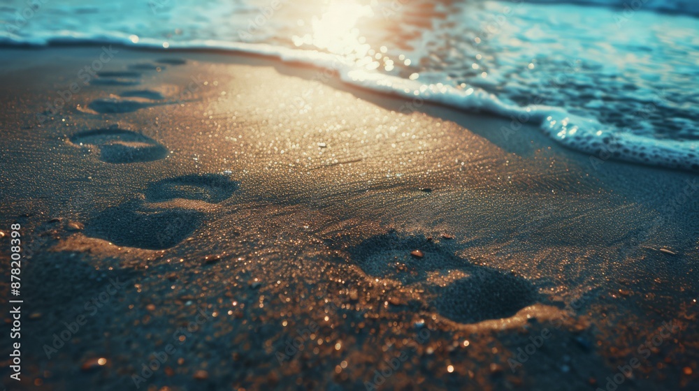 Footprints in the sand leading towards the ocean at sunset. Footprints in the sand leading towards the ocean at sunset.